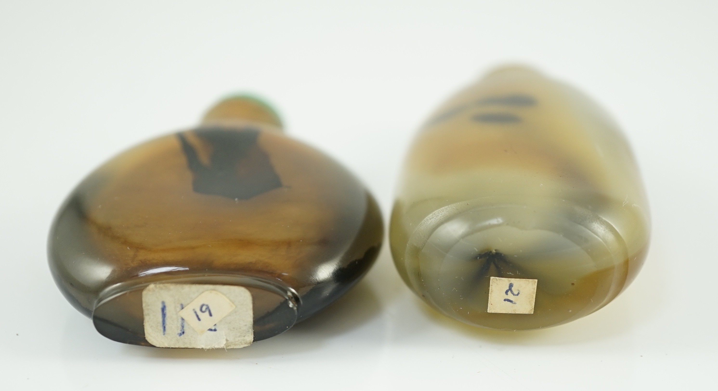 A Chinese shadow agate snuff bottle, and an imitation shadow agate glass snuff bottle, both c.1760-1860